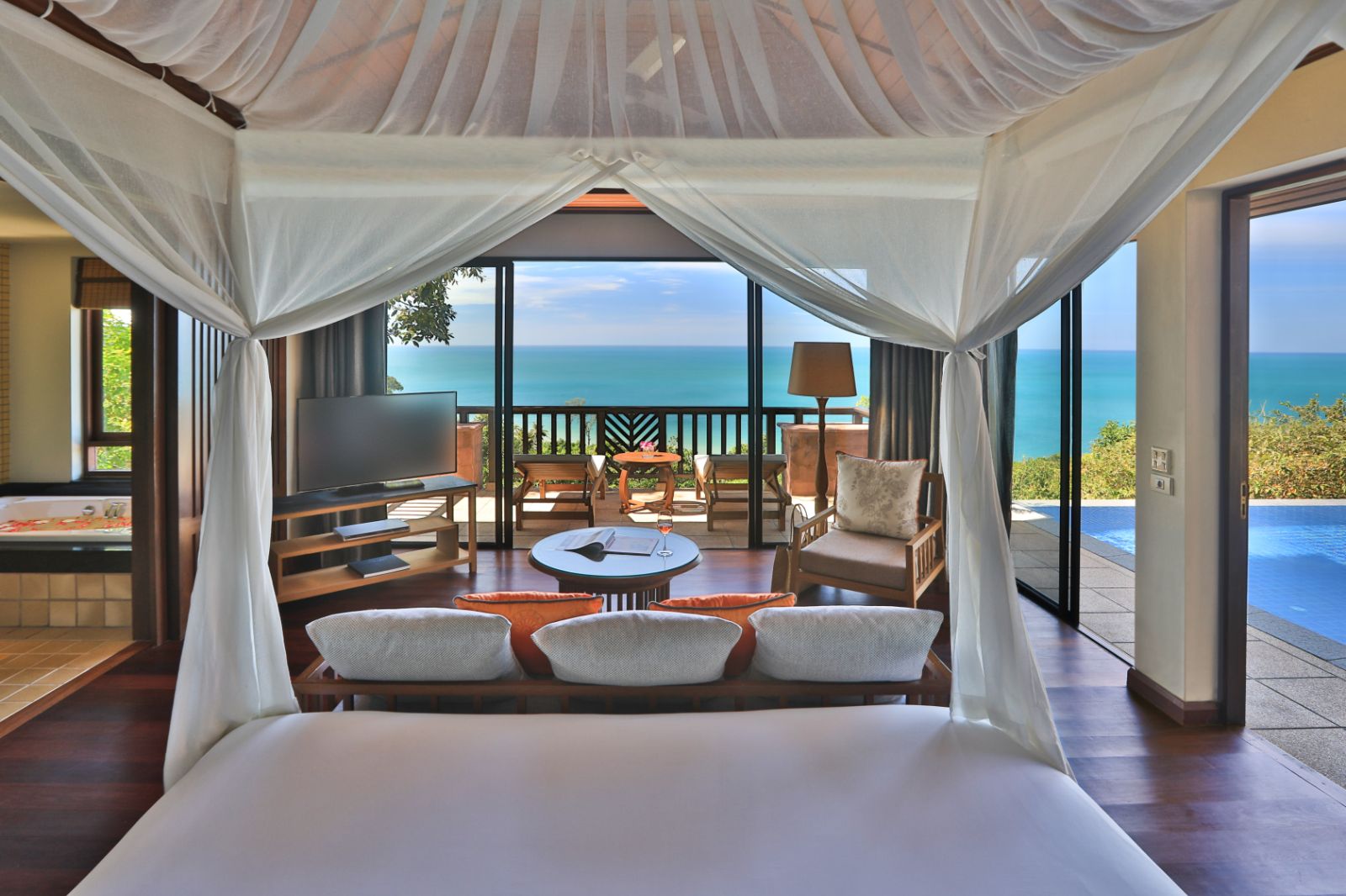 Hillside ocean view private pool villa living area at luxury resort Pimalai 