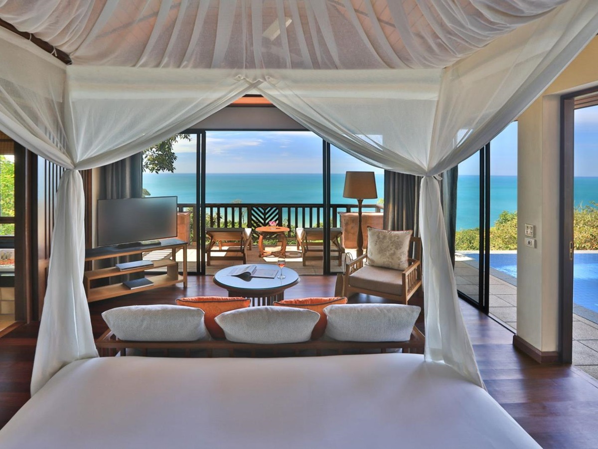 Hillside ocean view private pool villa living area at luxury resort Pimalai