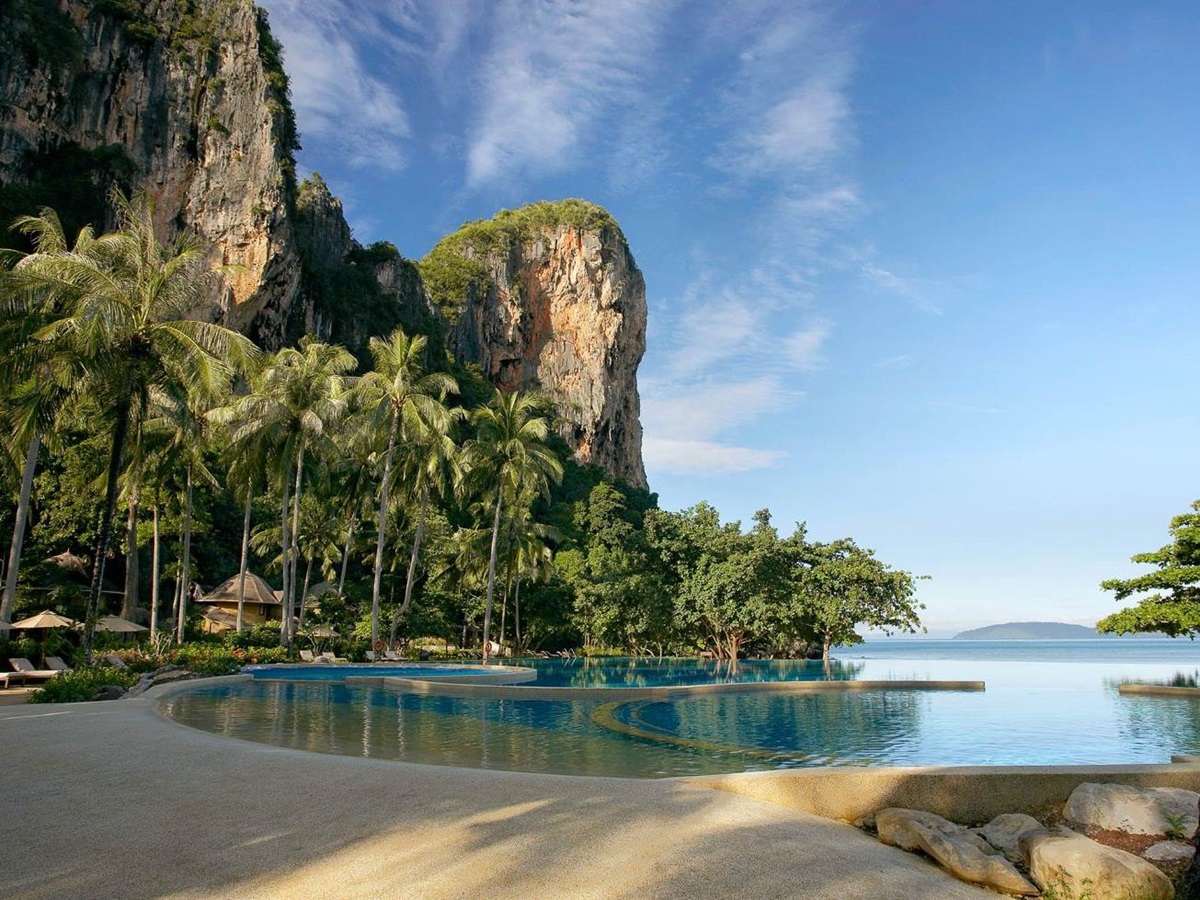 Main pool area overlooking the sea at Rayavadee in the Krabi region of Thailand