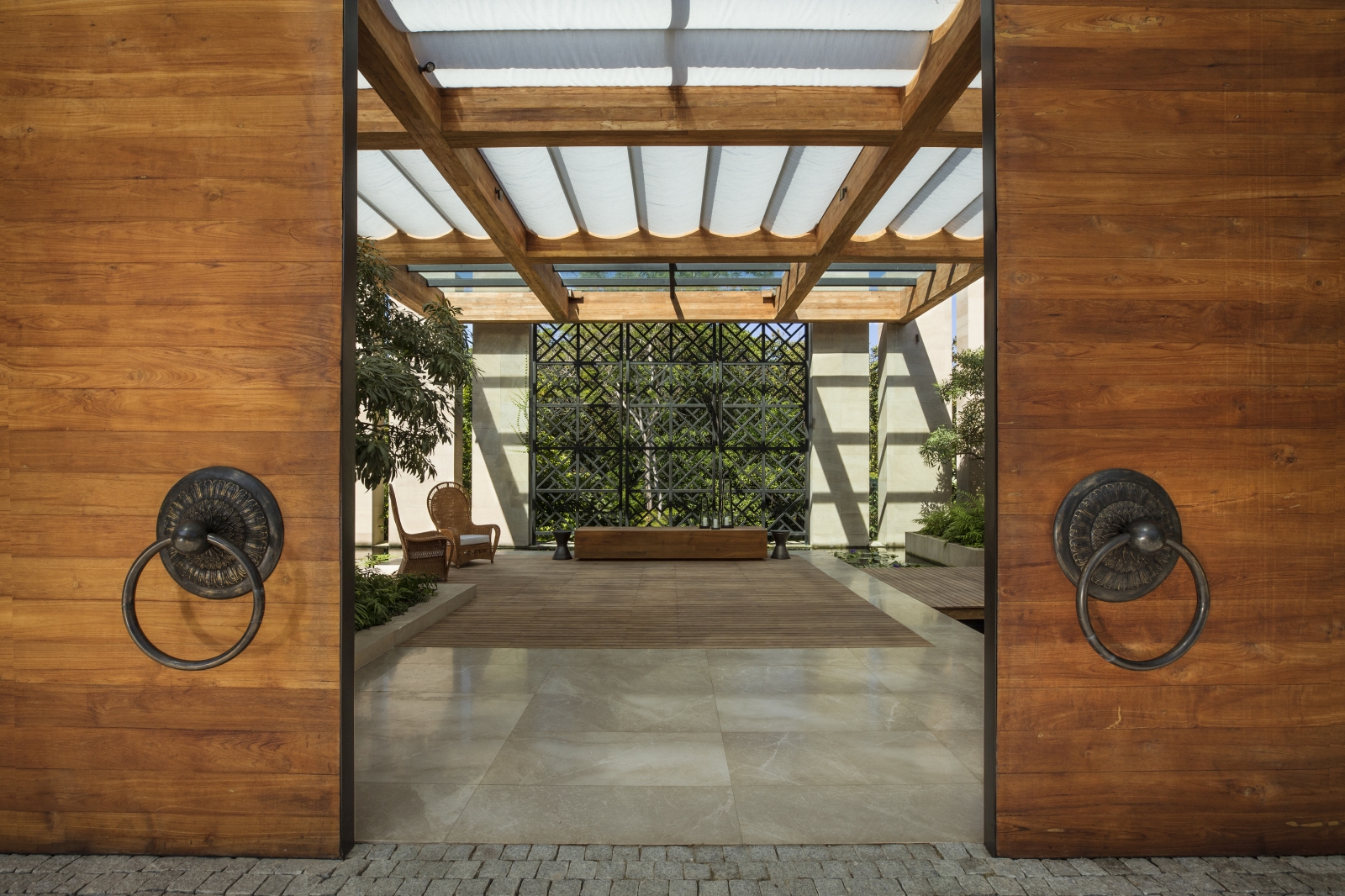 Reception area and wooden doors