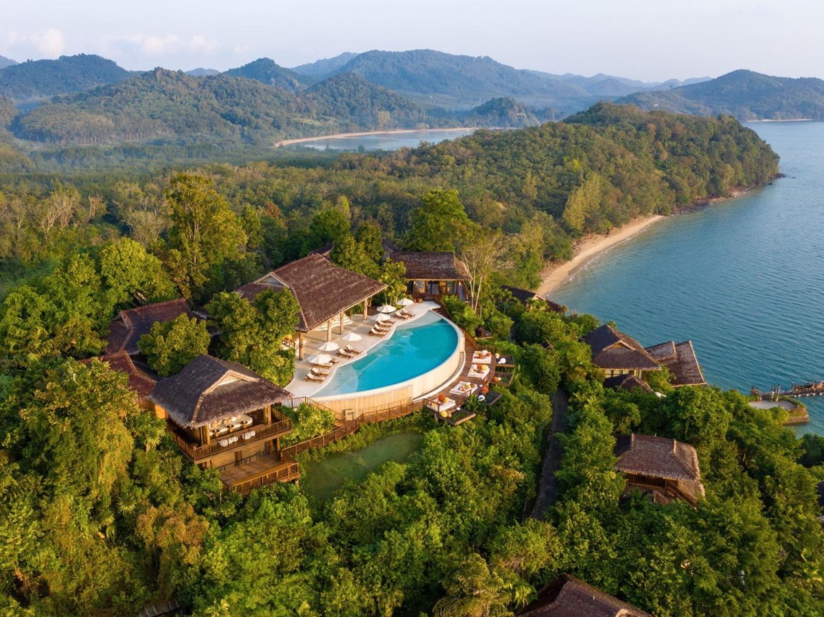 Aerial view of The Hilltop Bar at luxury resort Six Senses Yao Noi