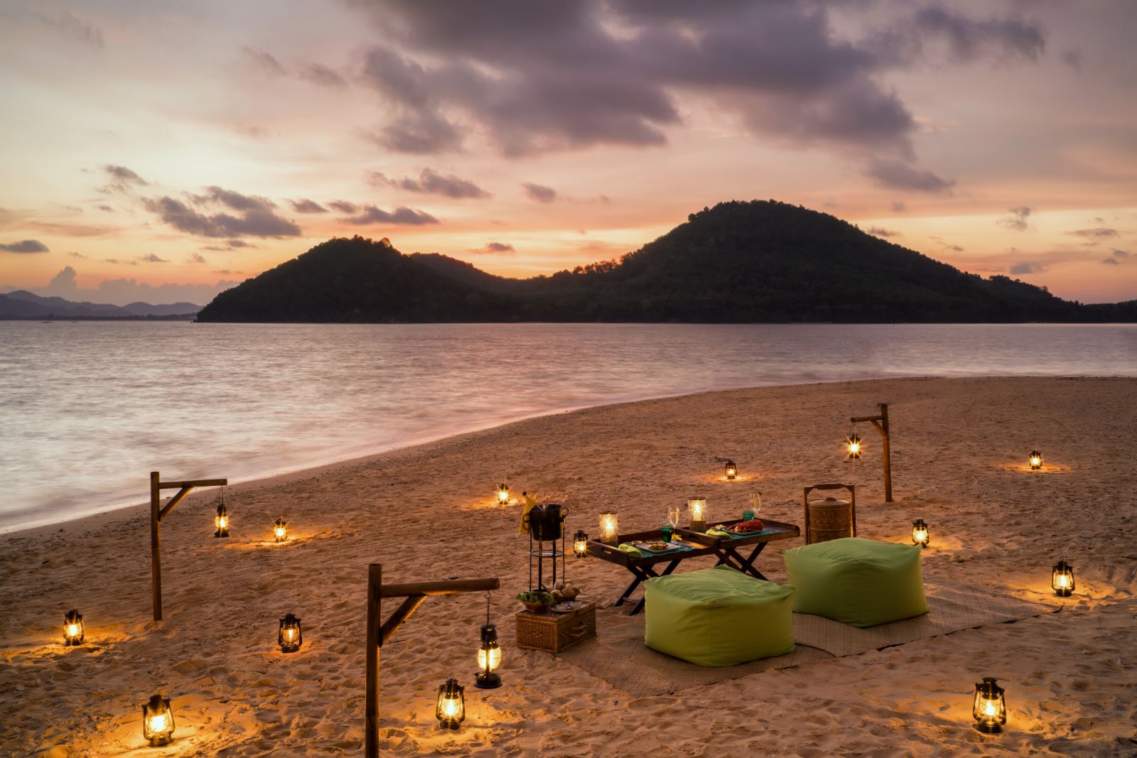 Picnic set up on the beach at luxury resort Six Senses Yao Noi