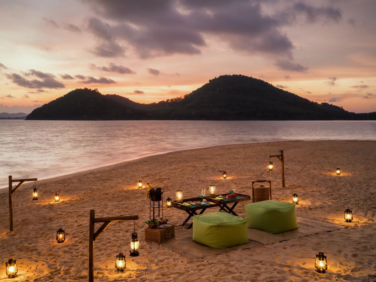Picnic set up on the beach at luxury resort Six Senses Yao Noi