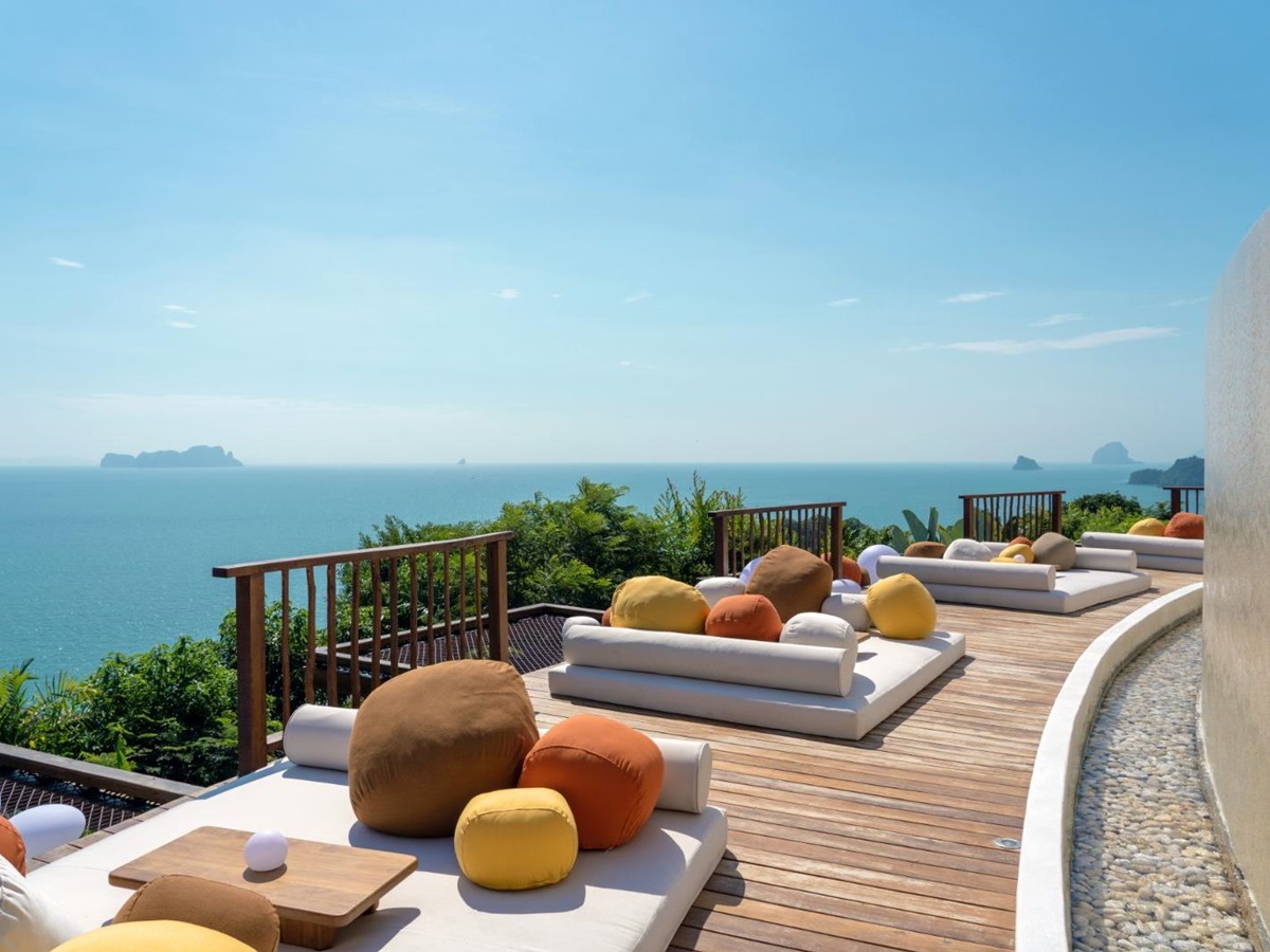 Lower pool deck overlooking the ocean at luxury resort Six Senses Yao Noi