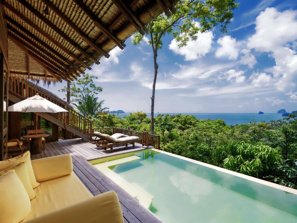 Private swimming pool in a ocean deluxe pool villa at luxury resort Six Senses Yao Noi