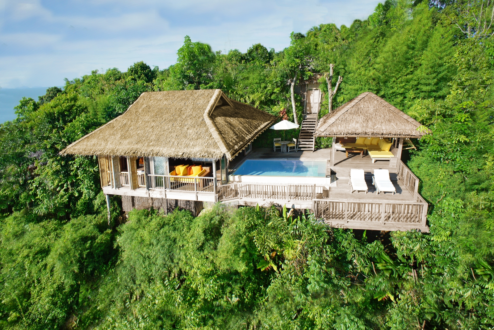 Drone shot of Hideaway villa with pool