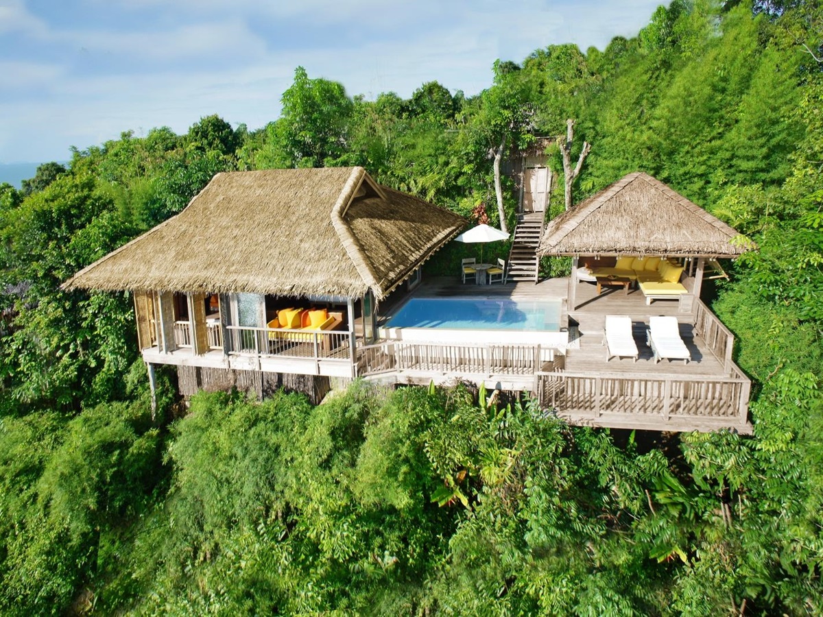 Drone shot of Hideaway villa with pool