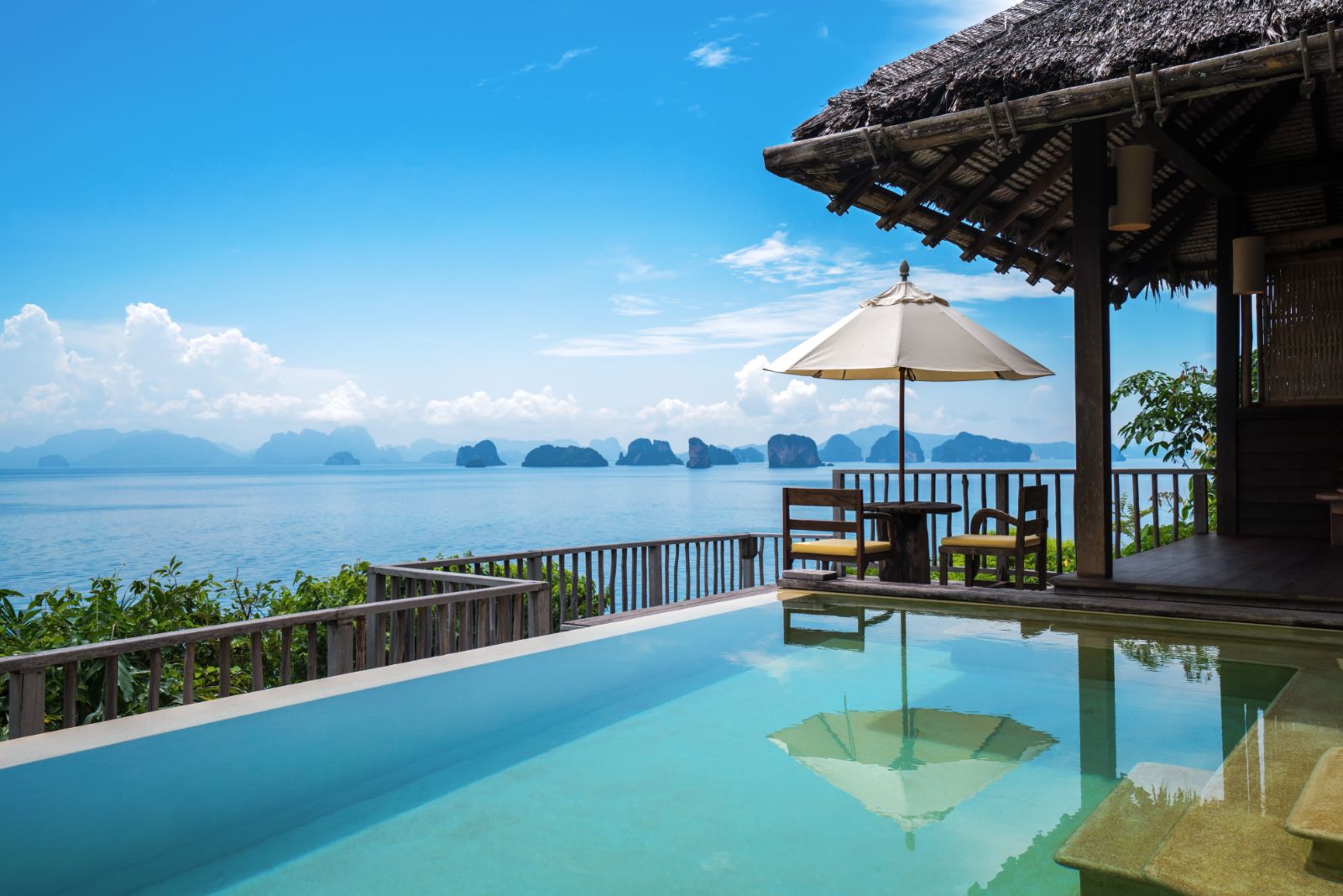 Private swimming pool and terrace in a ocean pool villa  at luxury resort Six Senses Yao Noi