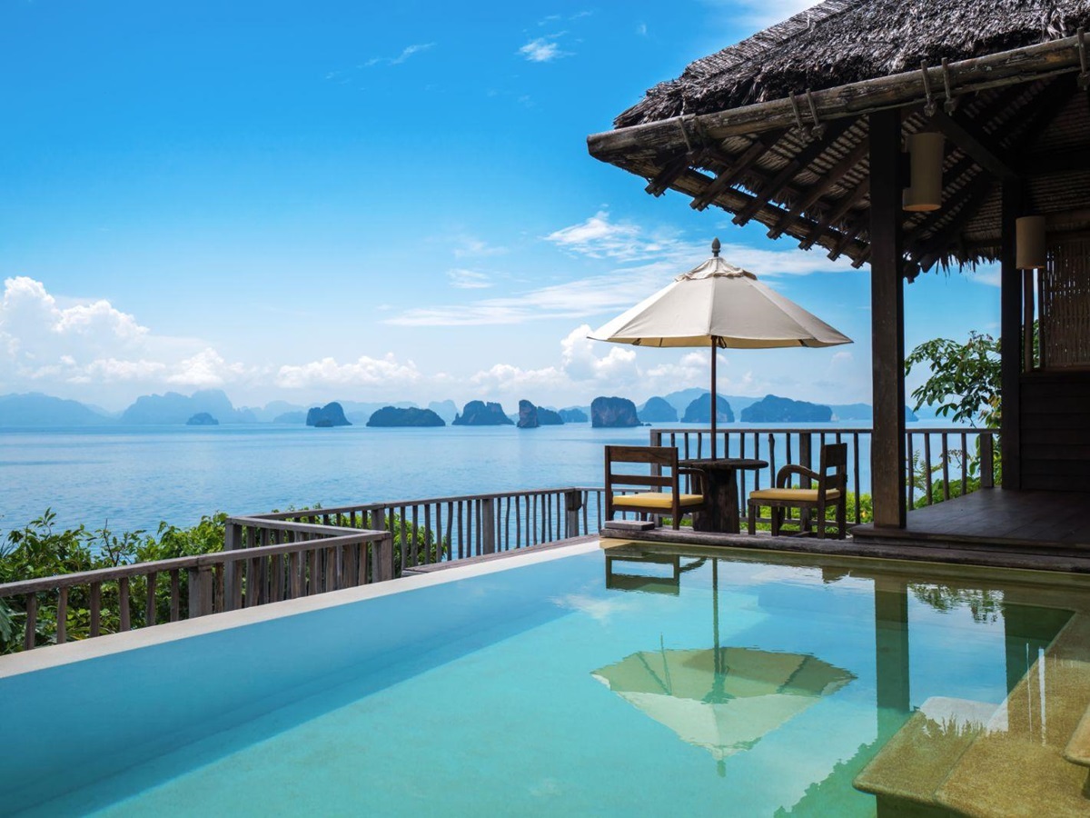 Private swimming pool and terrace in a ocean pool villa at luxury resort Six Senses Yao Noi