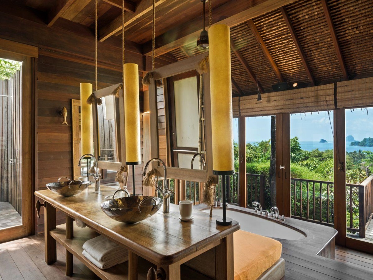 Bathroom in a ocean pool villa at luxury resort Six Senses Yao Noi