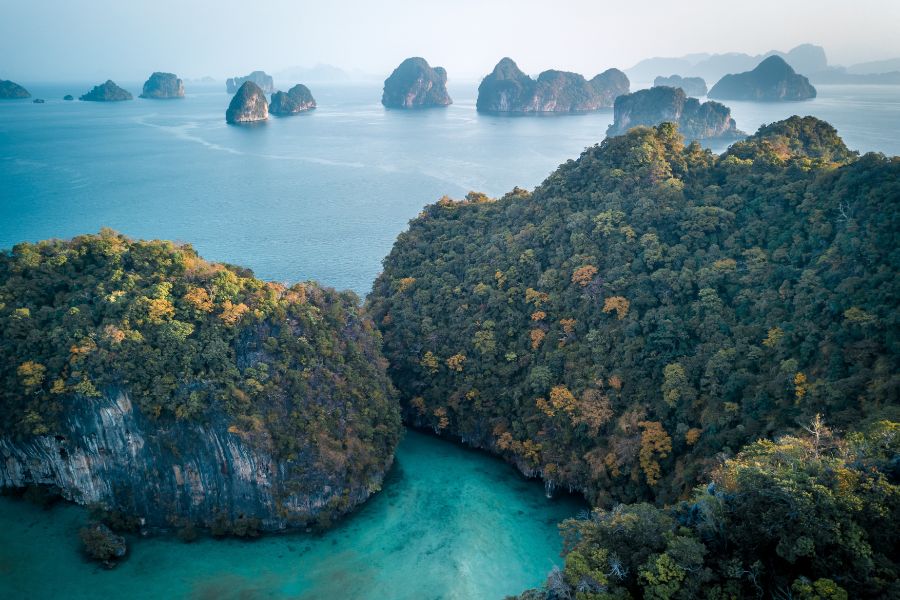 Aerial view of Phang Nha Bay islands iconic limestone karsts 