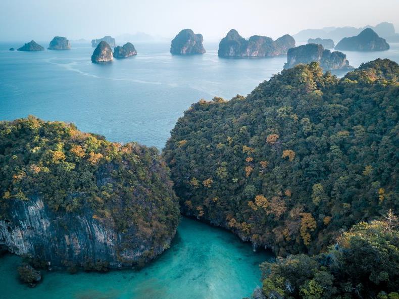 Aerial view of Phang Nha Bay islands iconic limestone karsts