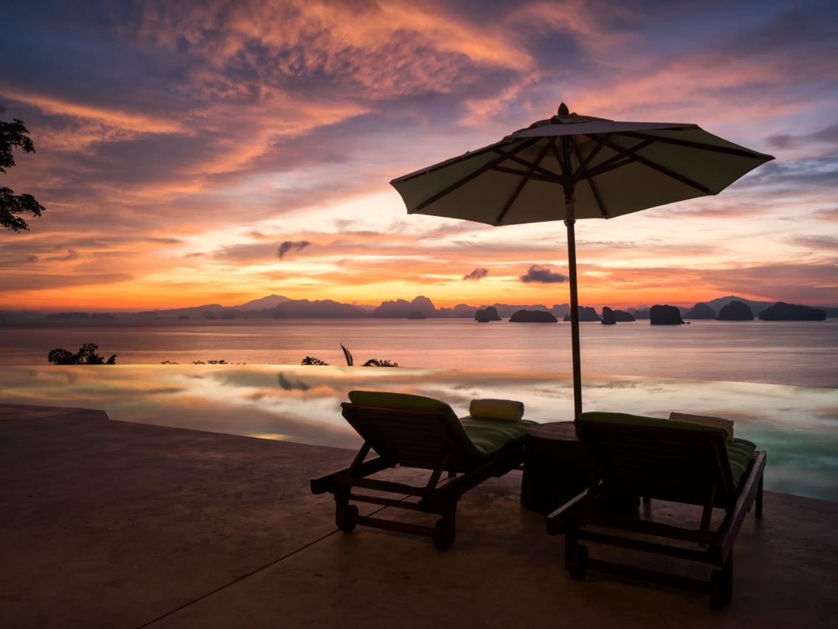 Sunset on the beach at luxury resort Six Senses Yao Noi