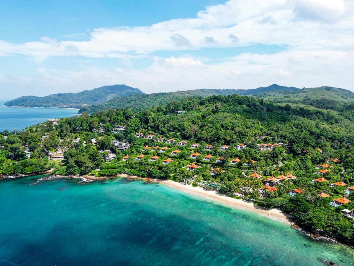 Aerial view of the beach and villas at Trisara on Phuket