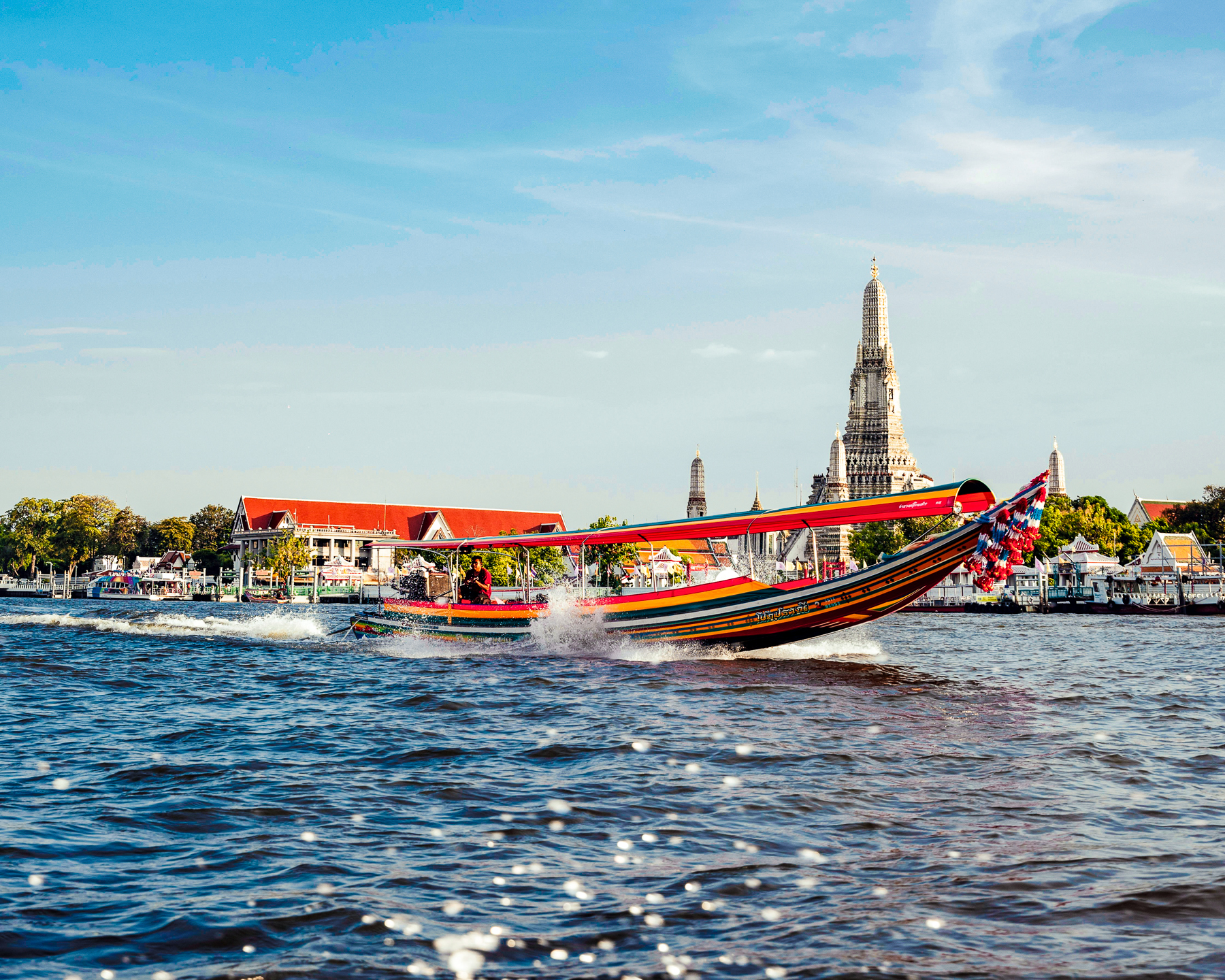 A longtail boat on the Chao Phraya River in Bangkok