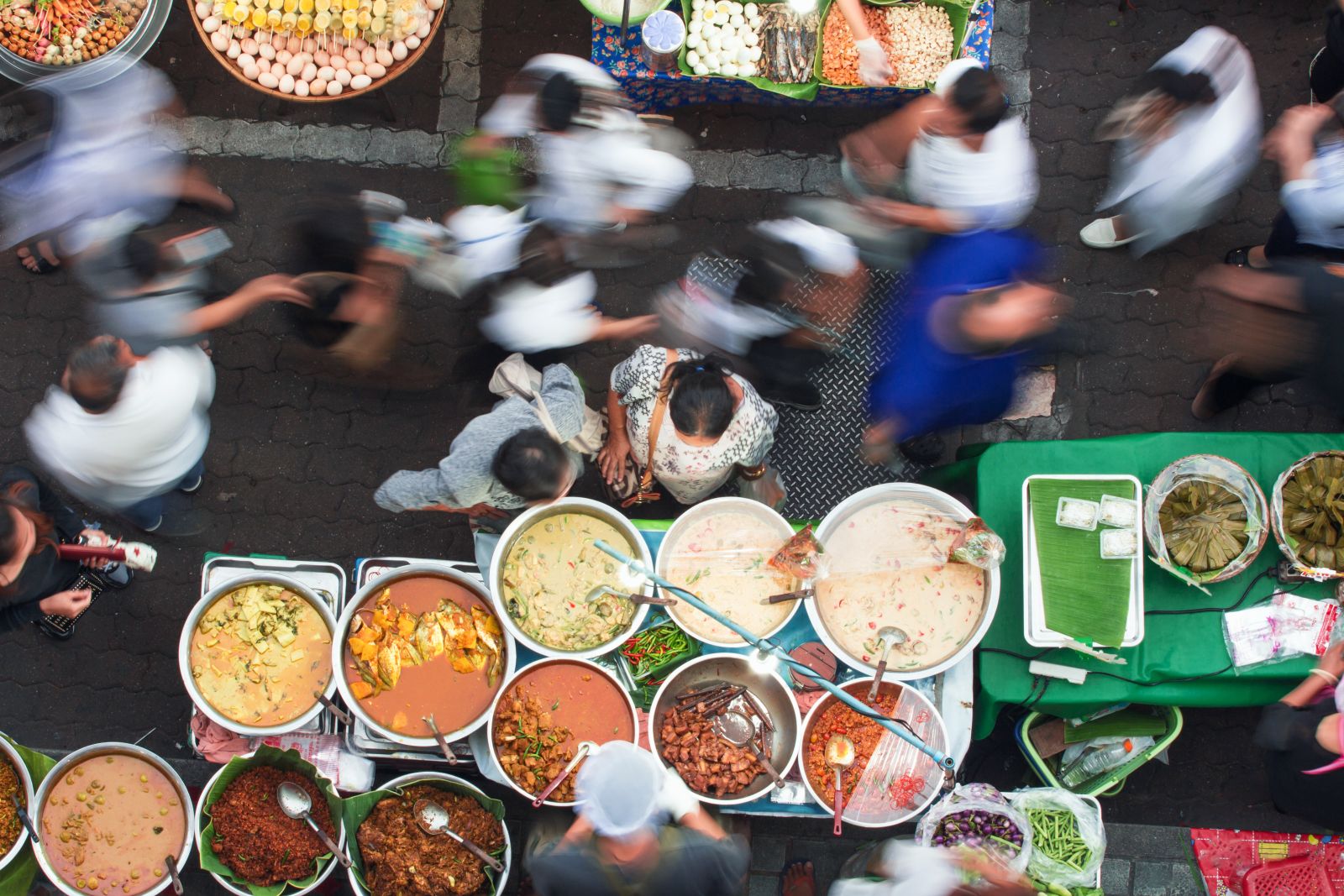 Aerial view of a busy street food market in Bangkok, Thailand