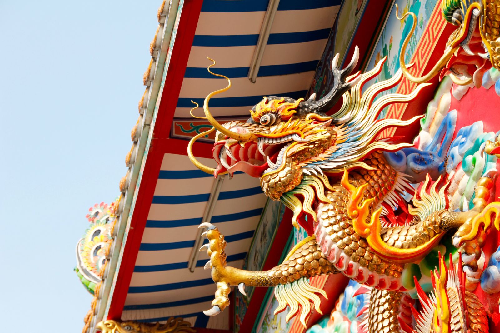 Dragon details on a Bangkok Temple in Thailand