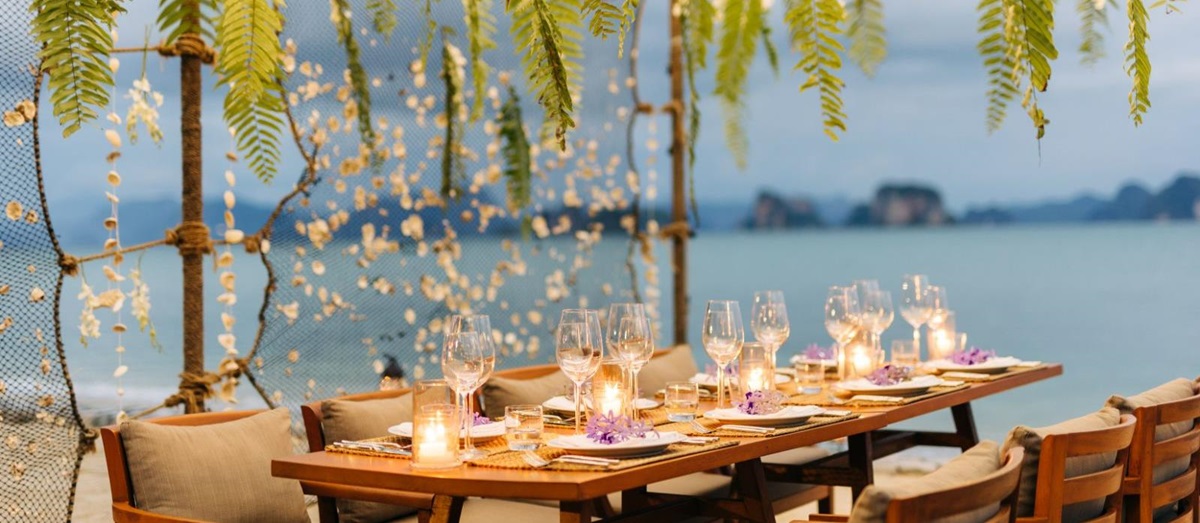 Dining on the beach at ANI Thailand villa on Koh Yao Noi island in the Pha Ngan Bay in Thailand
