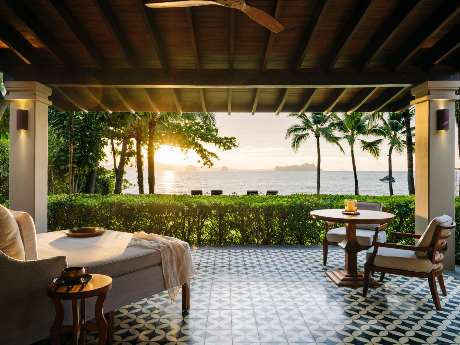 Ocean villa terrace with ocean views at ANI Thailand villa on Koh Yao Noi island in the Pha Ngan Bay in Thailand