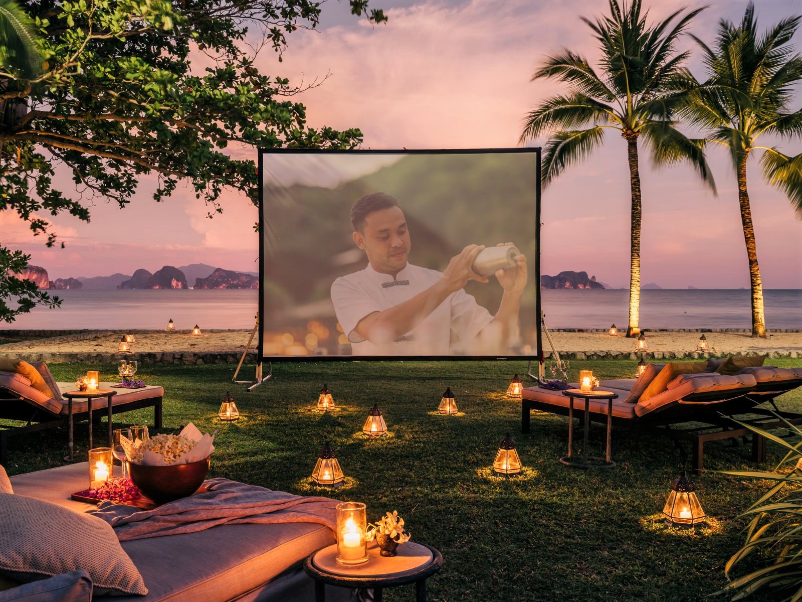 Outdoor cinema at ANI Thailand villa on Koh Yao Noi island in the Pha Ngan Bay in Thailand