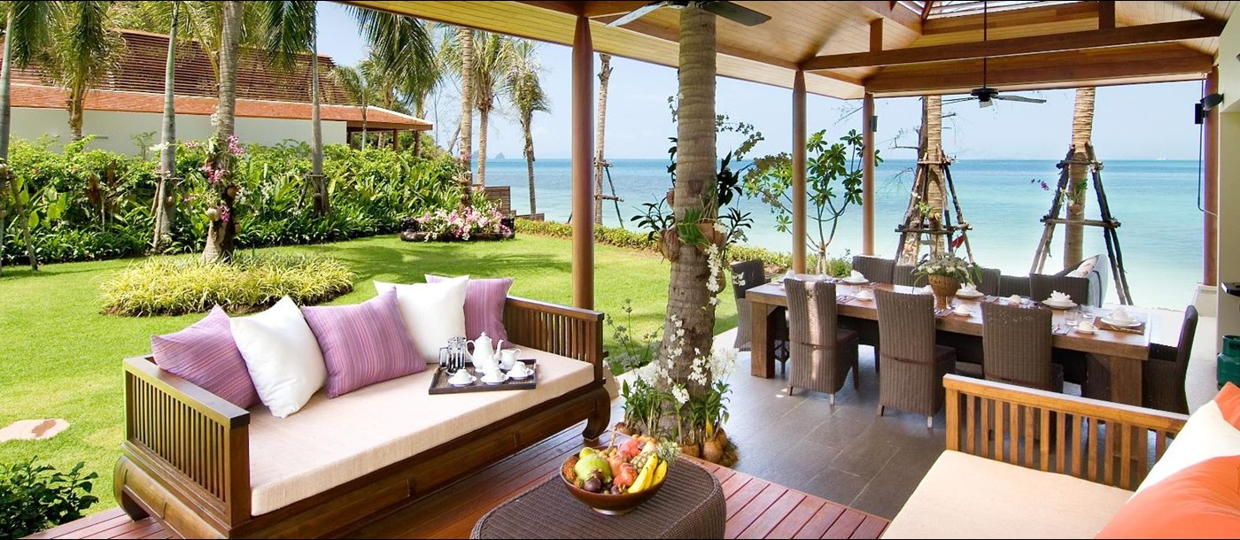 Ocean view sala seating area at Baan Samlarn villa on the west coast of Koh Samui in Thailand