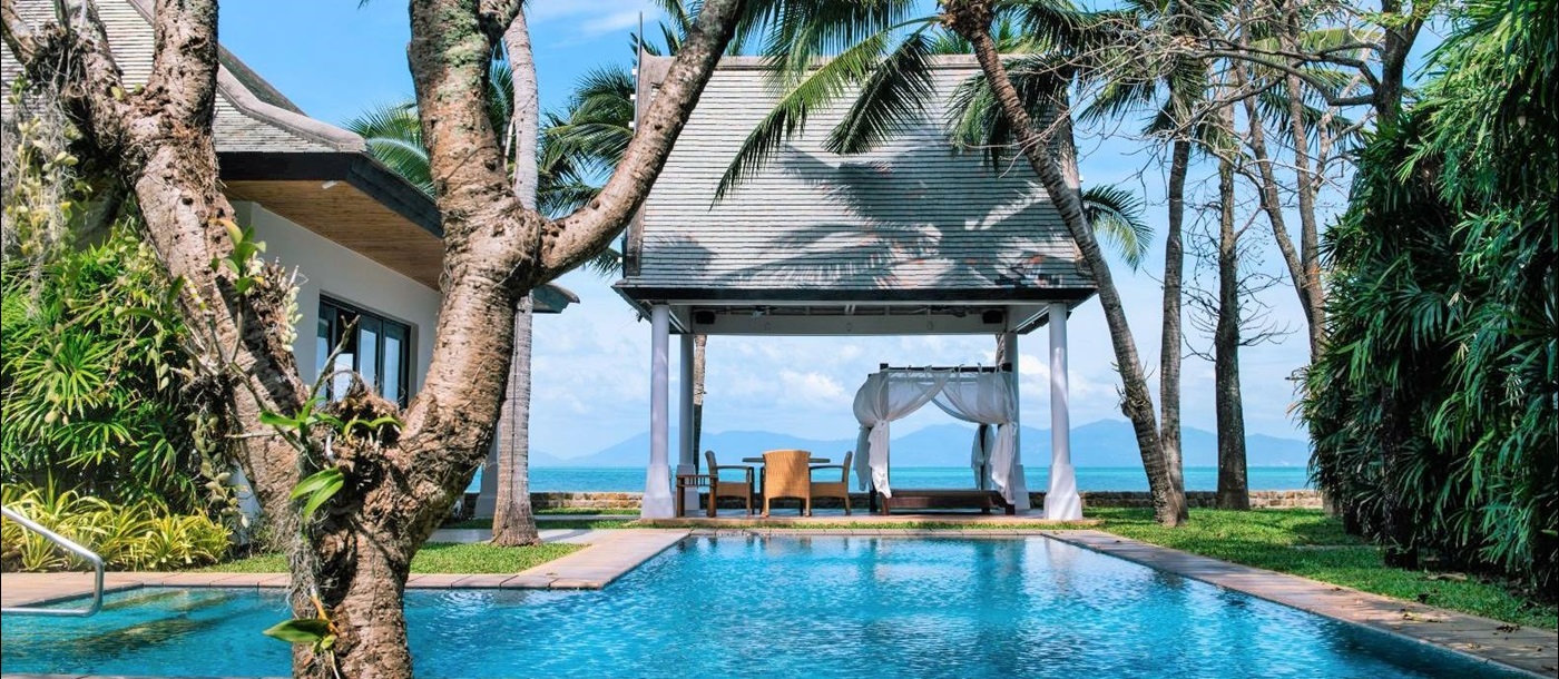 Swimming pool and ocean views at Villa Hibiscus on Koh Samui in Thailand