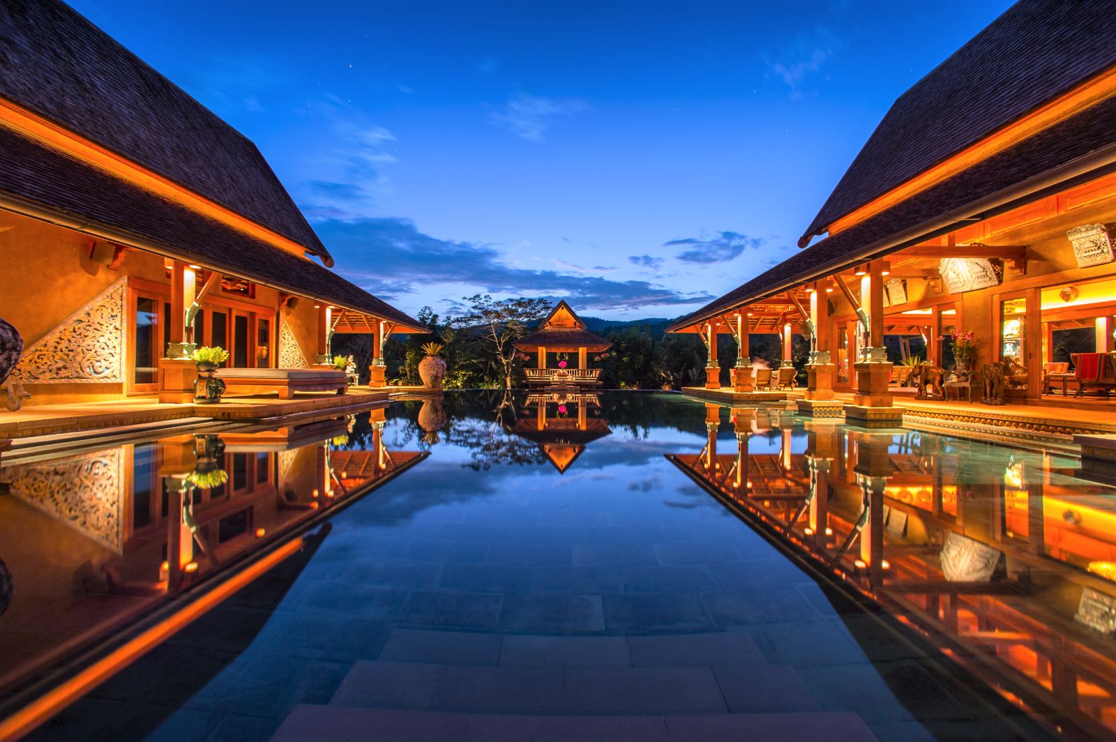 Night time view of the pool at Howie's HomeStay in Chiang Mai, Thailand