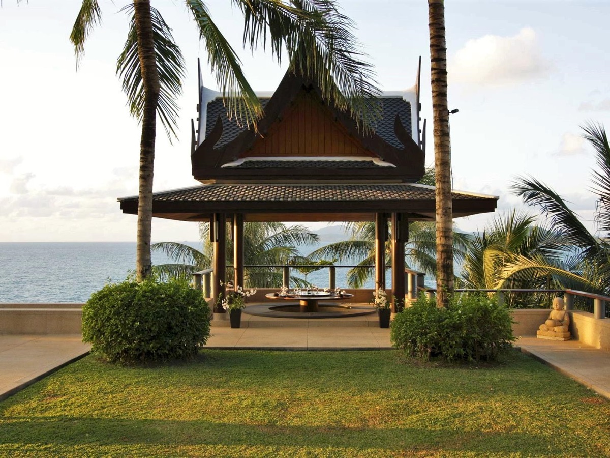 Garden terrave overlooking the ocean at Villa Laemson on the island of Phuket in Thailand