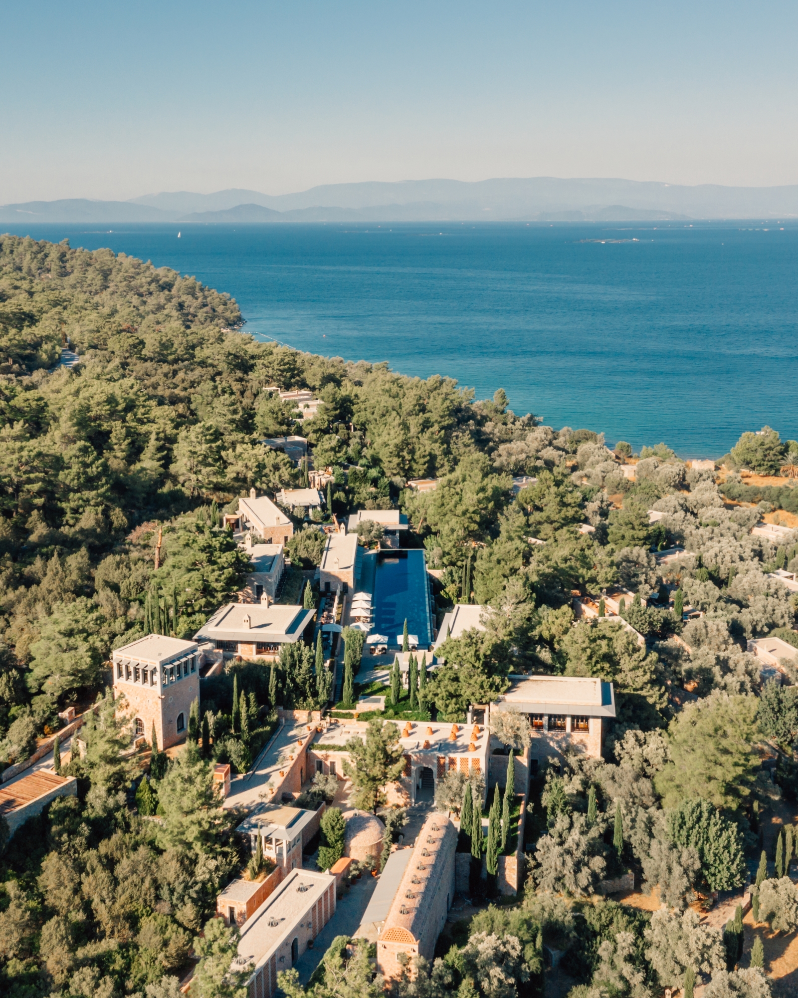 Aerial view over luxury hotel Amanruya, Turkey and the Mediterranean Sea