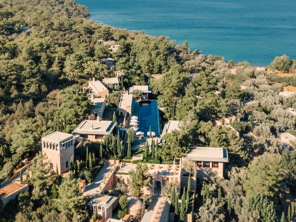 Aerial view over luxury hotel Amanruya, Turkey and the Mediterranean Sea