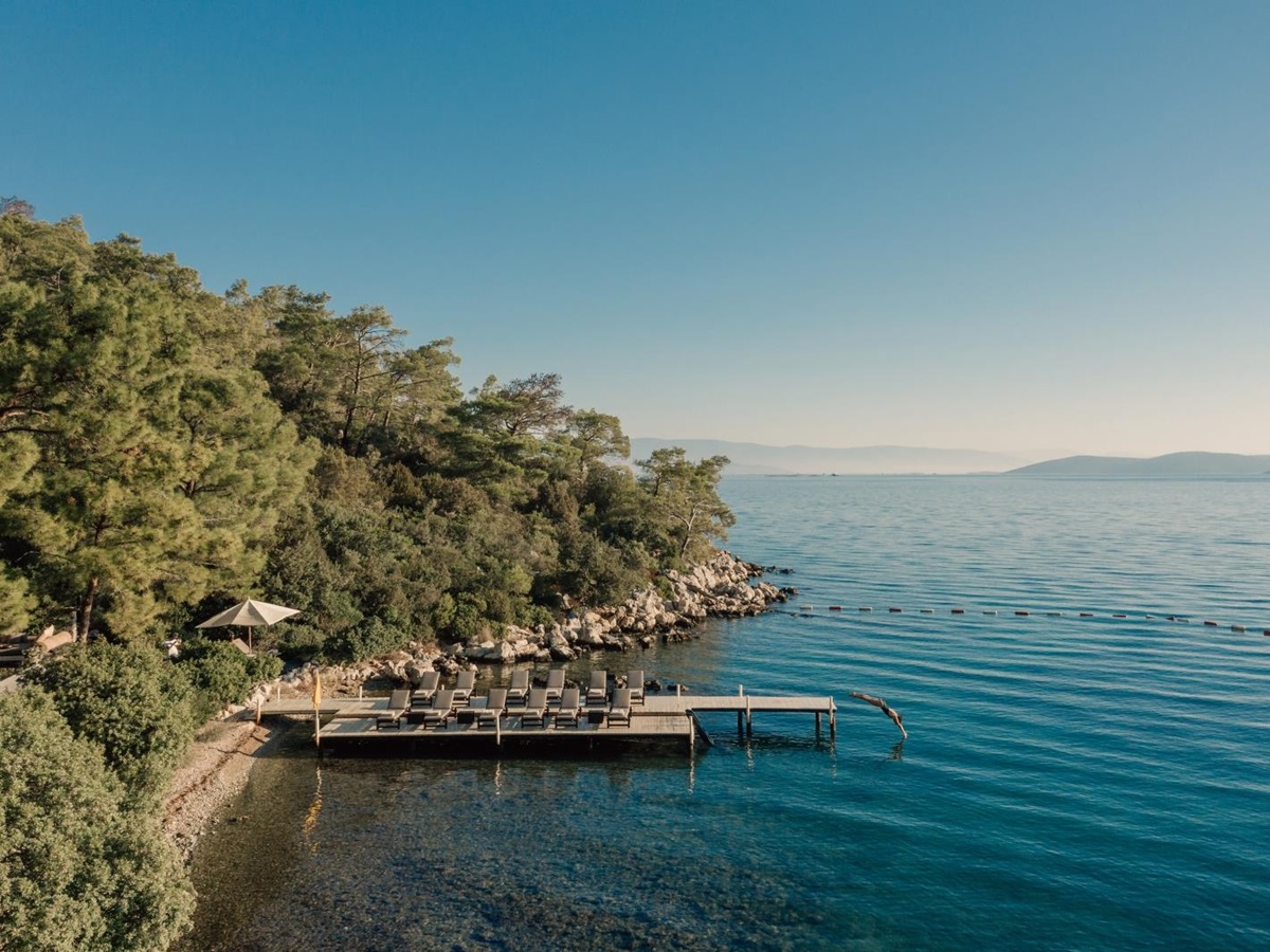 Loungers on a Jetty at the Beach Club at luxury hotel Amanruya, Turkey