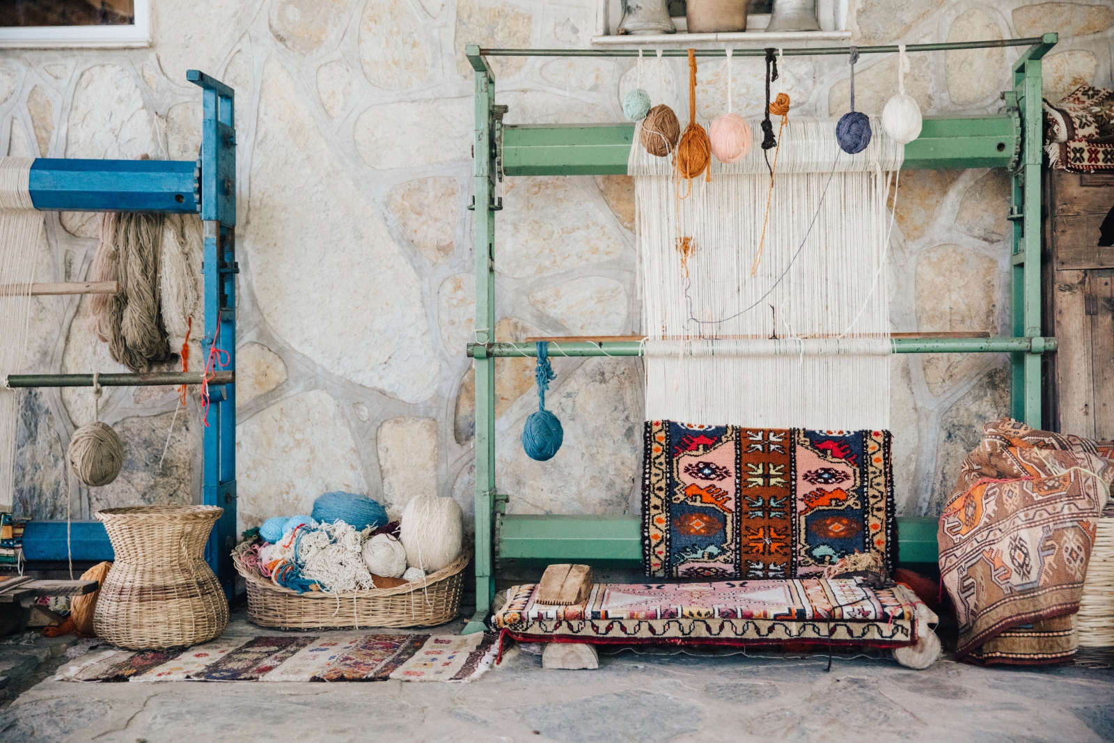 Weaver's stand in Etrim, a village close to luxury hotel Amanruya, Turkey