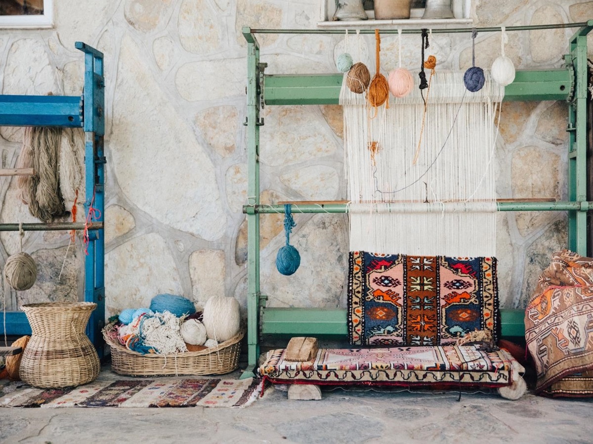 Weaver's stand in Etrim, a village close to luxury hotel Amanruya, Turkey