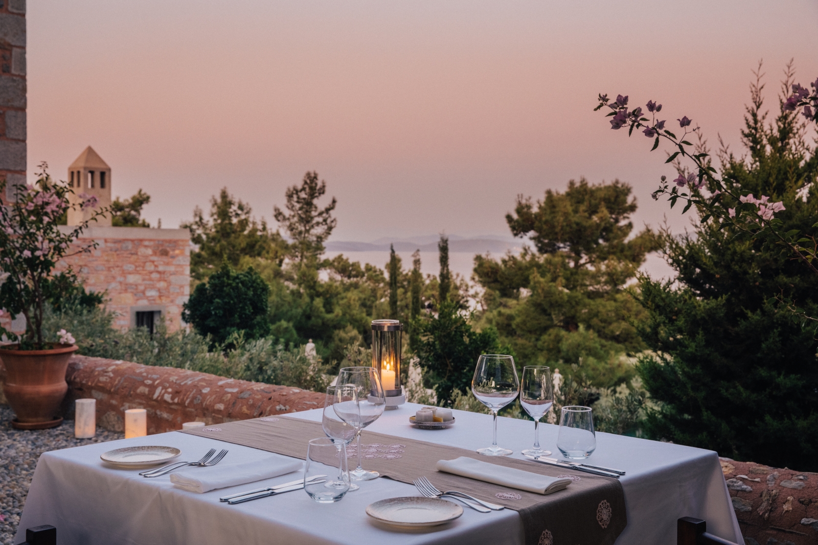 Private terrace dining overlooking the Mediterranean Sea at luxury hotel Amanruya, Turkey