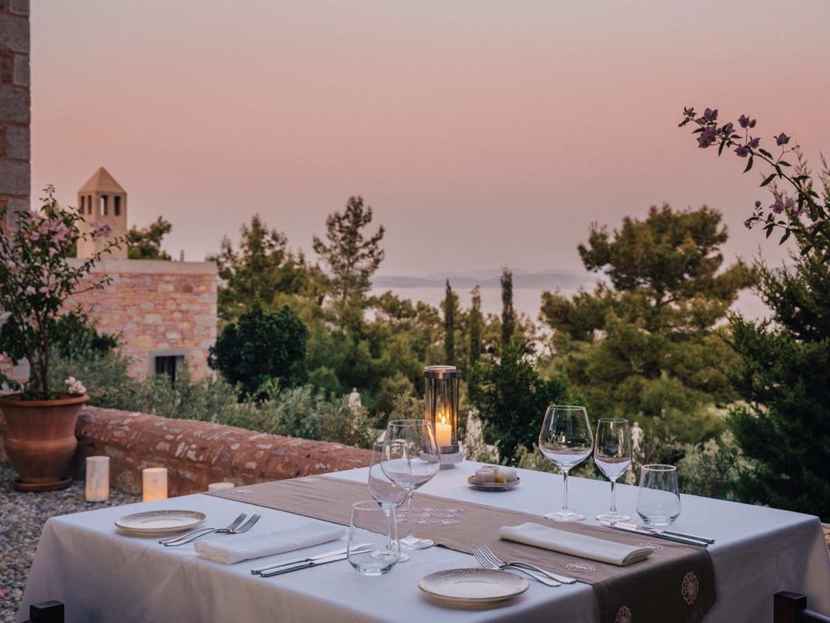 Private terrace dining overlooking the Mediterranean Sea at luxury hotel Amanruya, Turkey