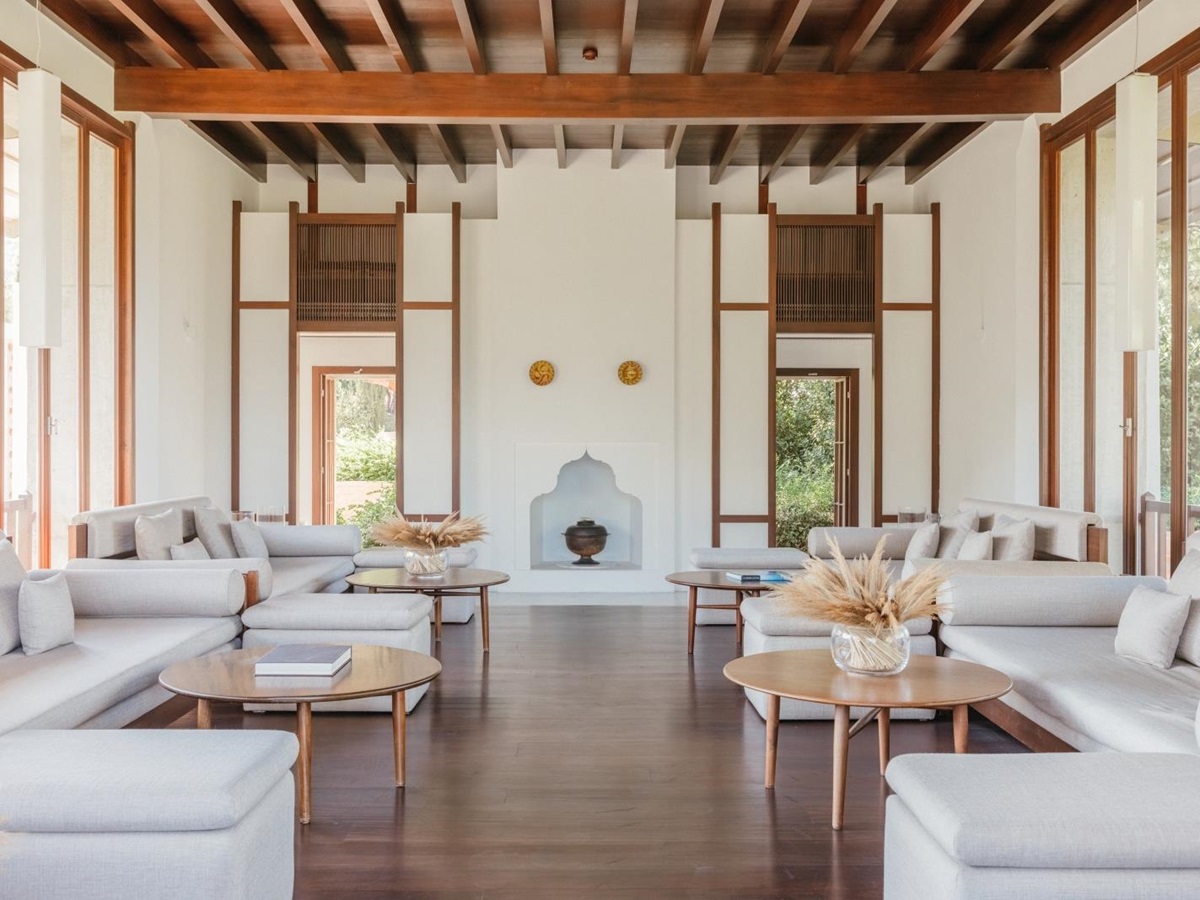 Comfortable sofas at the wine lounge at luxury hotel Amanruya, Turkey