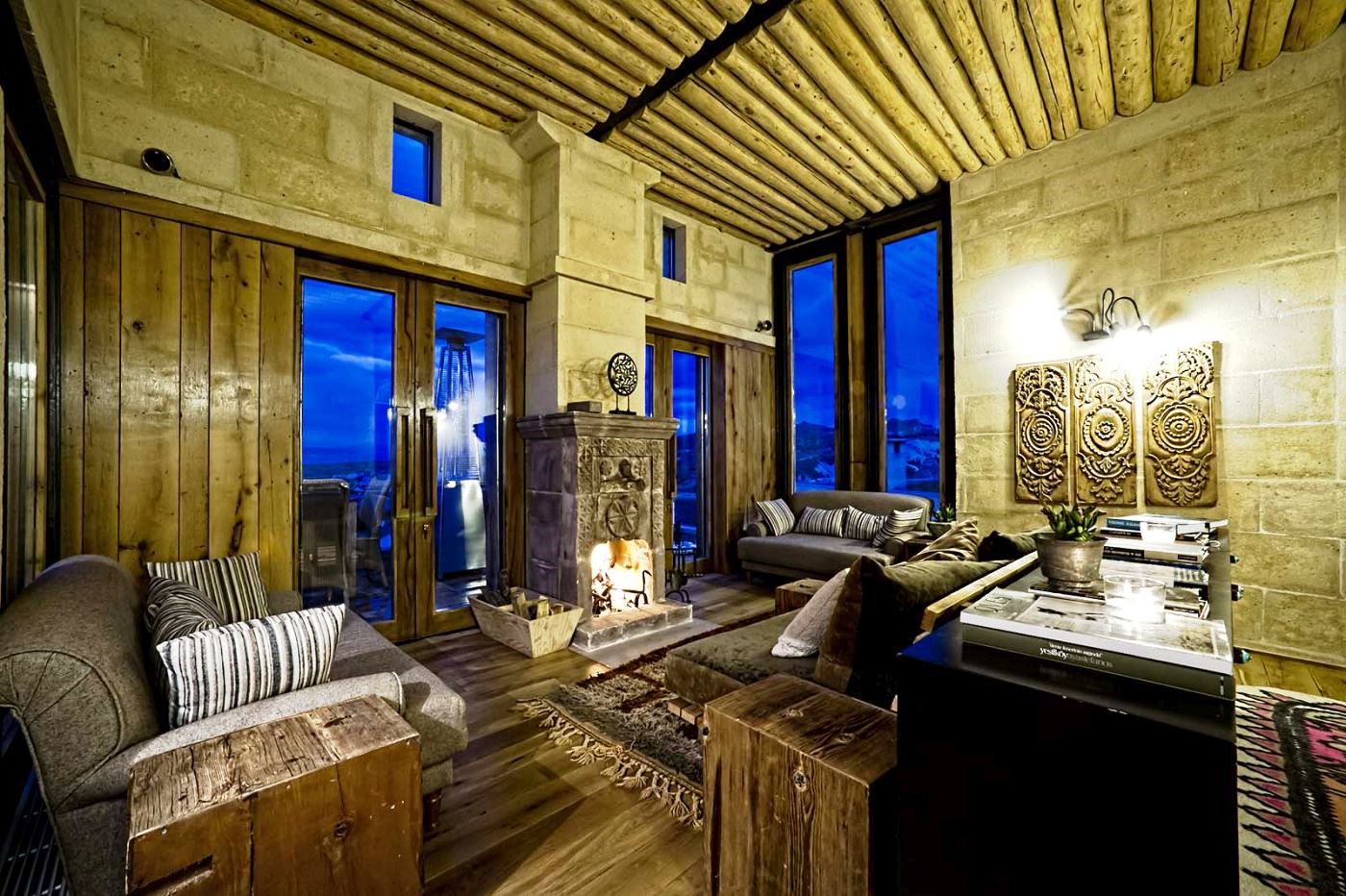 The living area with open fire in the hotel Argos in Cappadocia in Turkey
