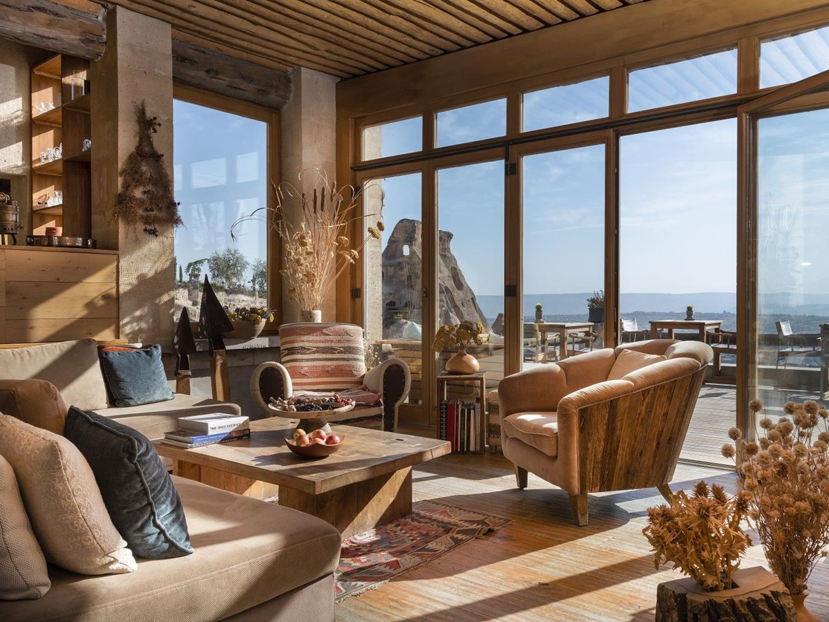 Panoramic lounge and terrace at the Argos in Cappadocia hotel Turkey