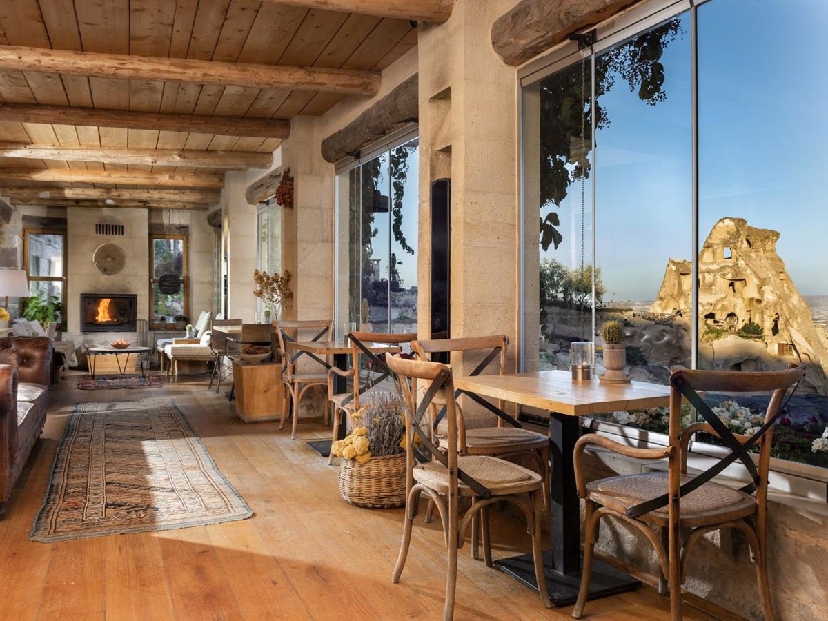 Guest lounge and valley views at the Argos in Cappadocia Turkey