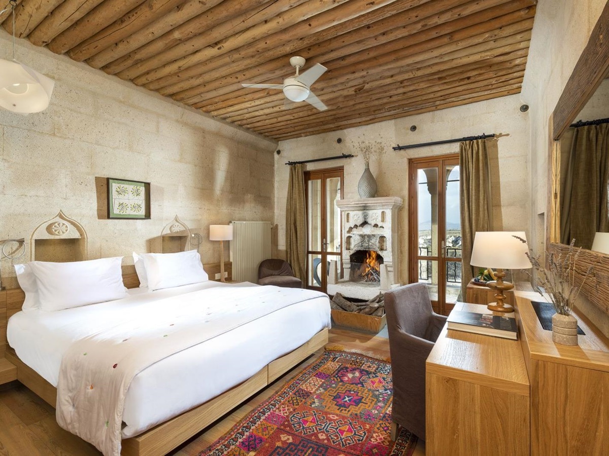 Guest room with fireplace at the Argos in Cappadocia hotel Turkey