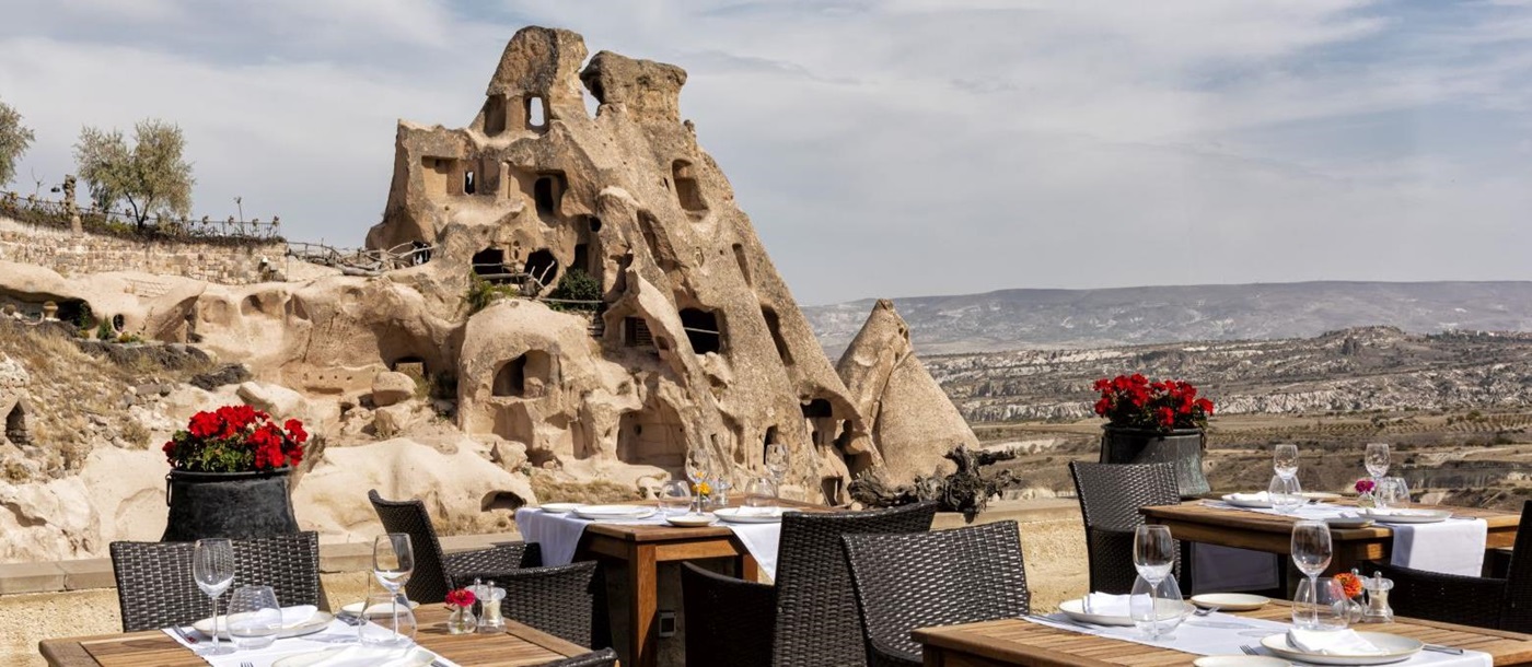 Outdoor dining with valley views at the Argos in Cappadocia Turkey