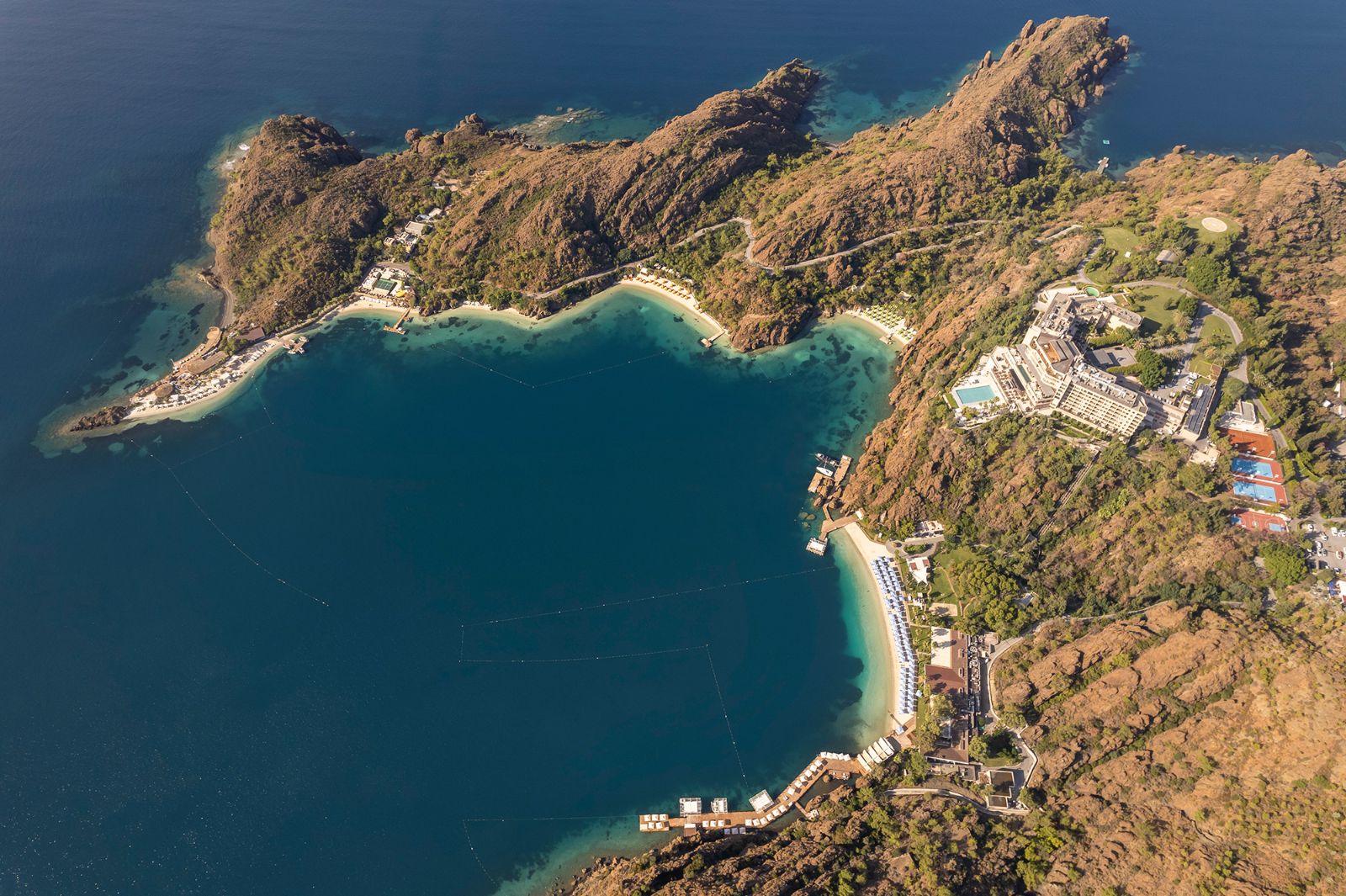 Aerial view of the beach at D Maris Bay Hotel on the Datça Peninsula of Turkey.