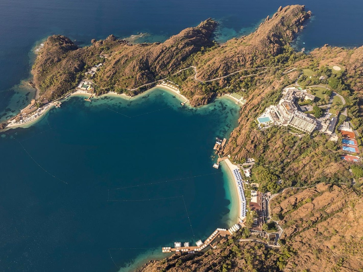 Aerial view of the beach at D Maris Bay Hotel on the Datça Peninsula of Turkey.