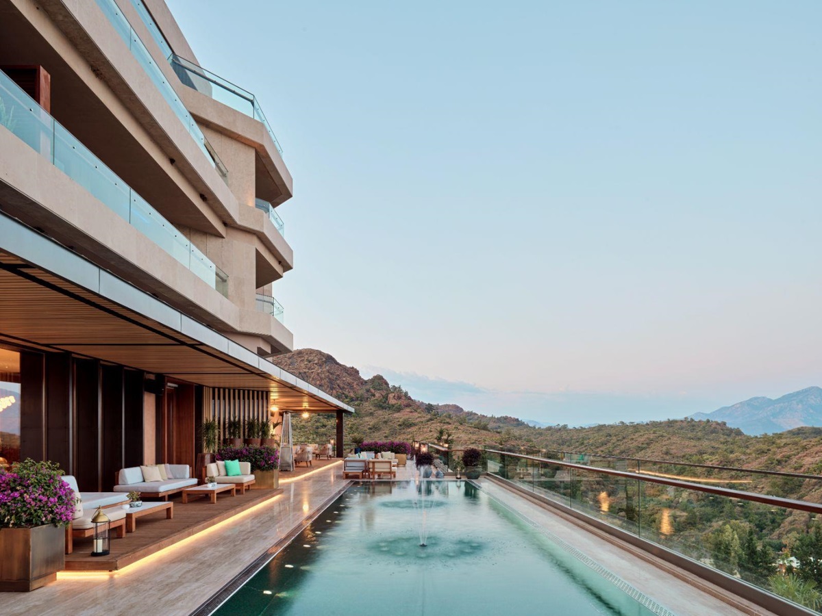 Balconies overlooking the pool at D Maris Bay Hotel on the Datça Peninsula of Turkey.