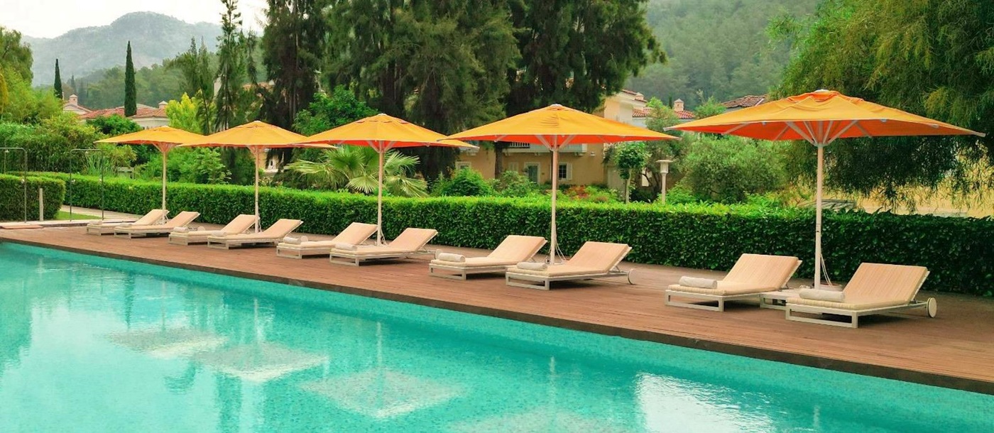 Pool and loungers at D Resort Gocek in Turkey