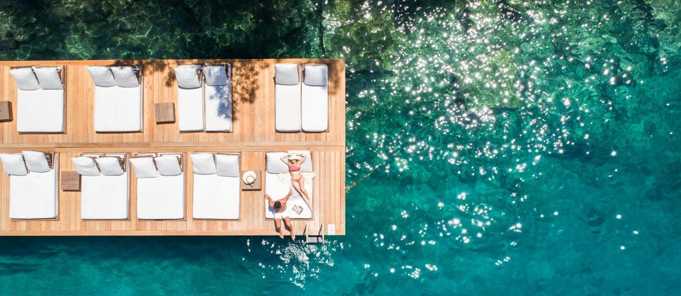 Luxury Resort in Turkey Hillside Beach Club Sun Loungers on Deck at Sea