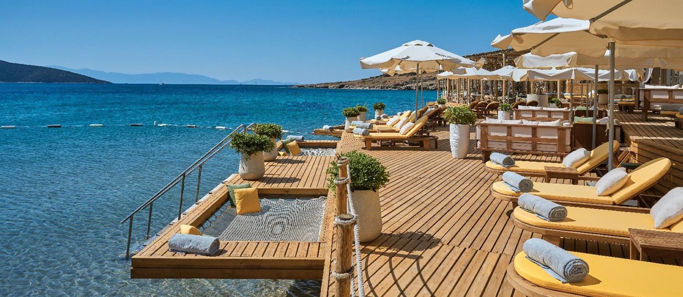 Sea hammocks on the Folie terrace at the Mett Bodrum hotel in Turkey