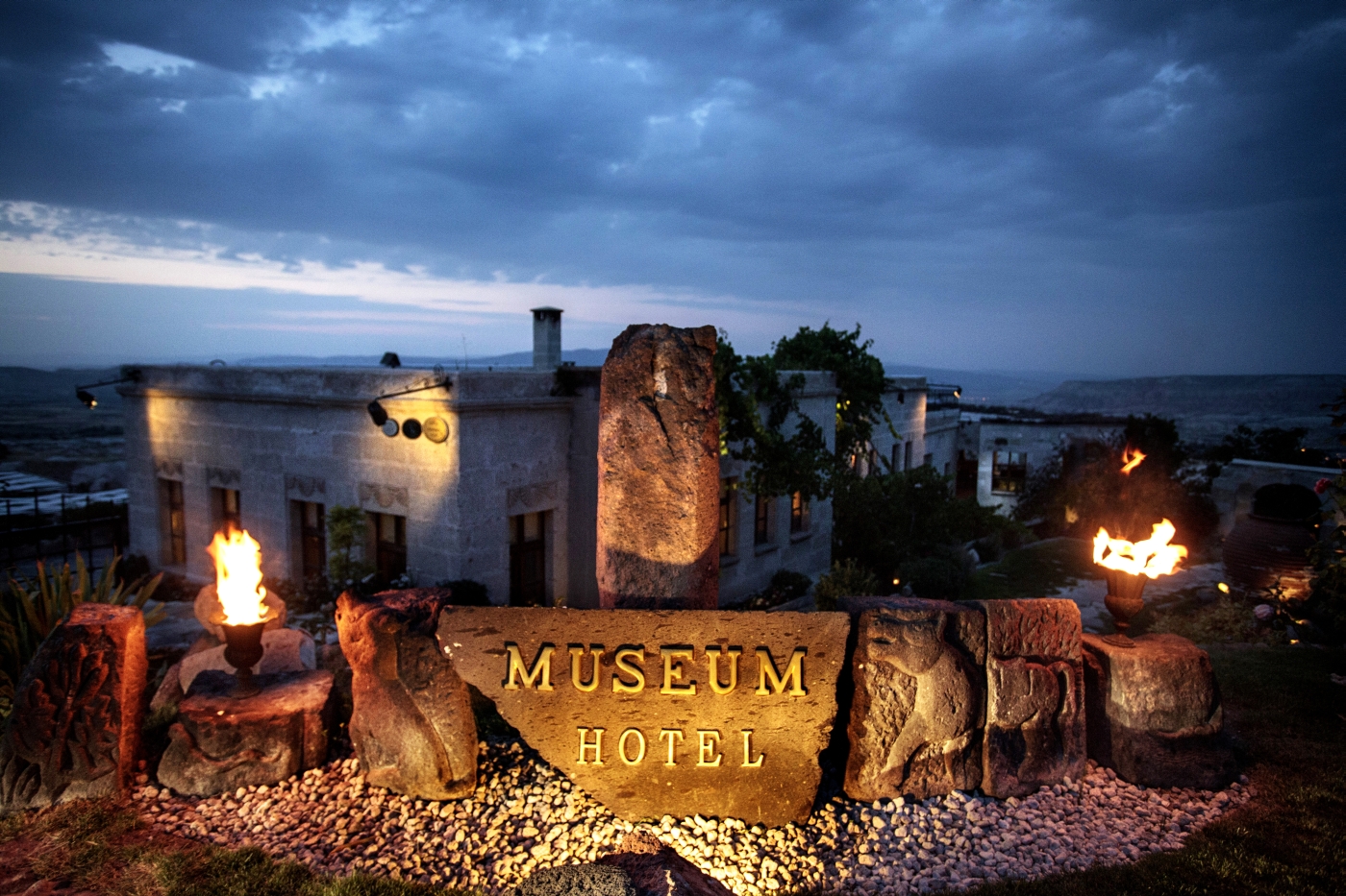 Hotel entrance with sign at Museum Hotel in Cappadocia in Turkey