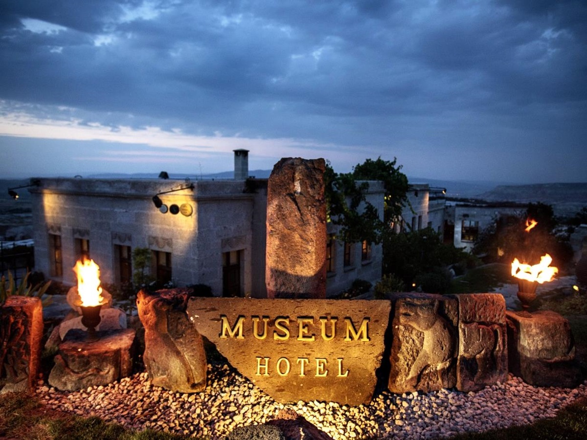 Hotel entrance with sign at Museum Hotel in Cappadocia in Turkey