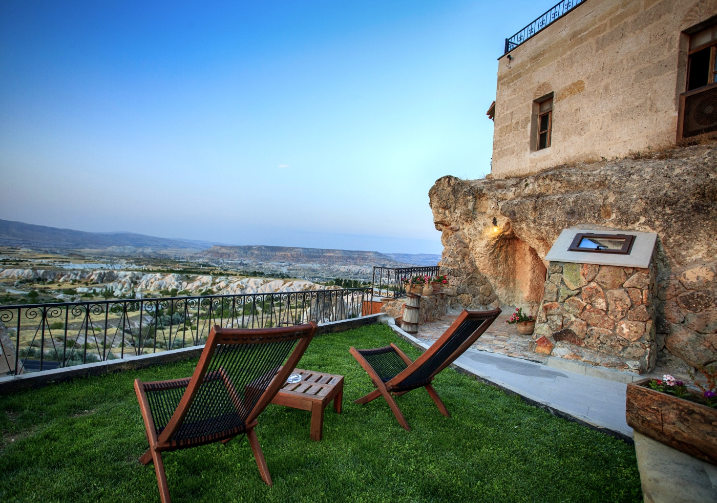 Terrace with loungers at Museum Hotel in Cappadocia in Turkey